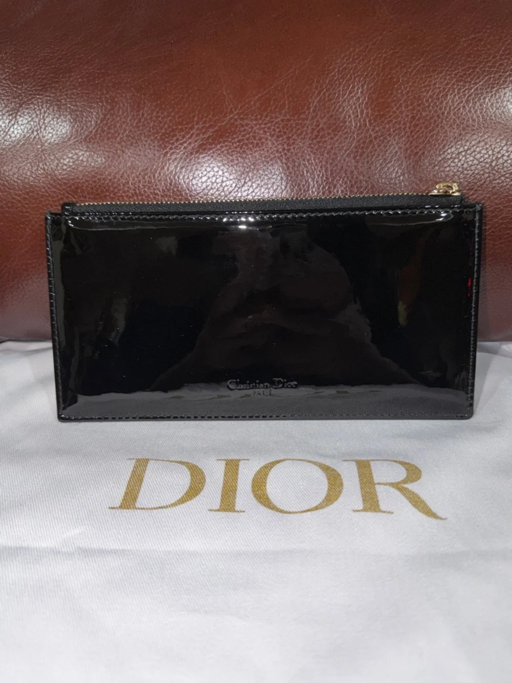 ‼️Authentic Christian Dior Black Patent Leather Zip Wallet Card Holder Pouch
